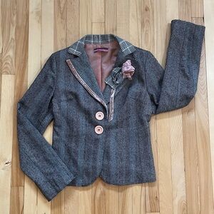 Rinascemento Gray Wool Blend Tweed Blazer with Pink Fabric Flowers - Sz S